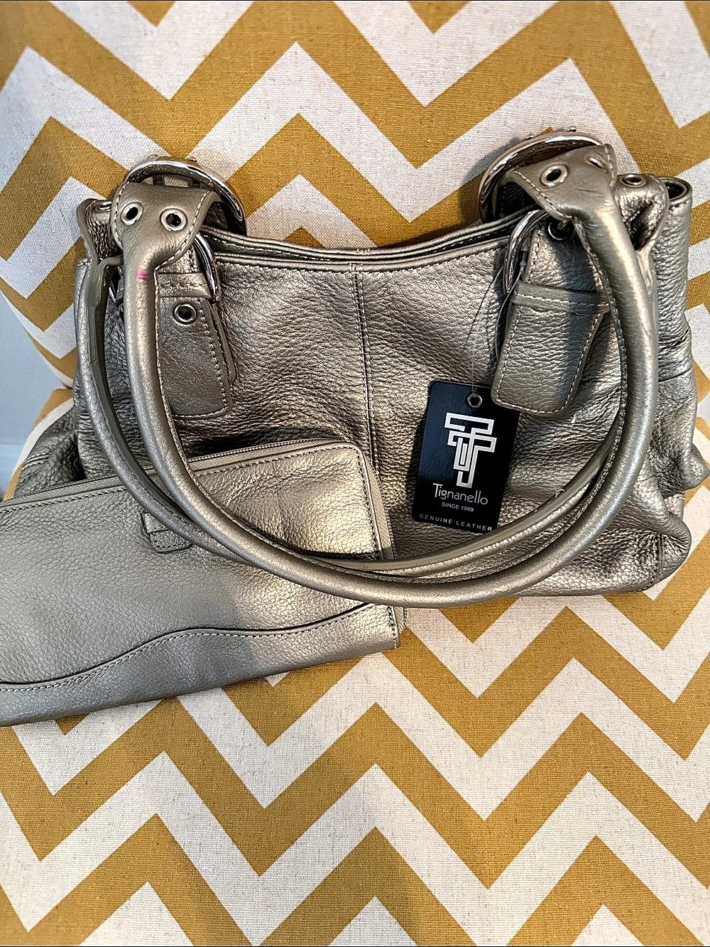 Tignanello Silver Leather Shoulder Bag and Matching Wallet